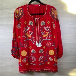 Johnny Was Mayson  Embroidered  Red Floral Tunic Tassel Tie | Medium